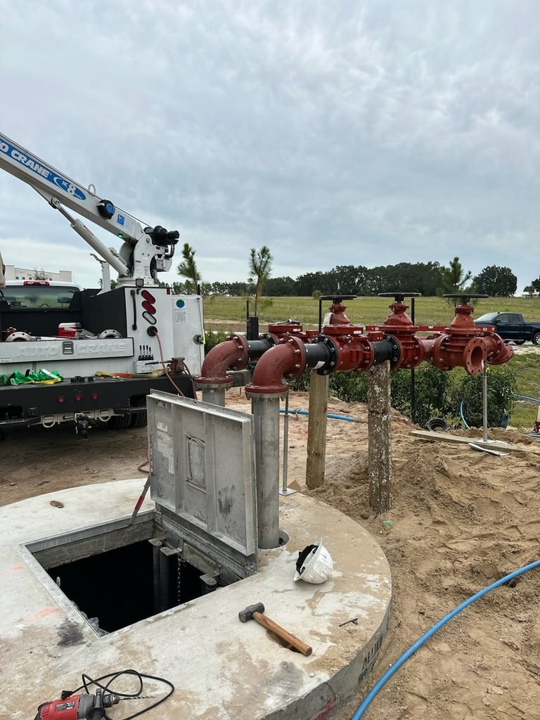 Agricultural well pump system with red irrigation pipes and control box in open field during daytime