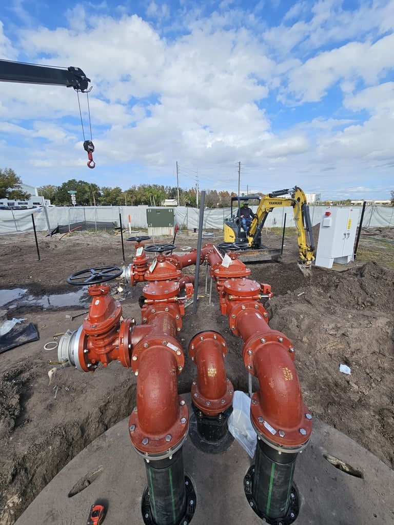 Construction site with red industrial pipe sections arranged in dirt, yellow excavator, crane with hook, and temporary fencing under blue sky