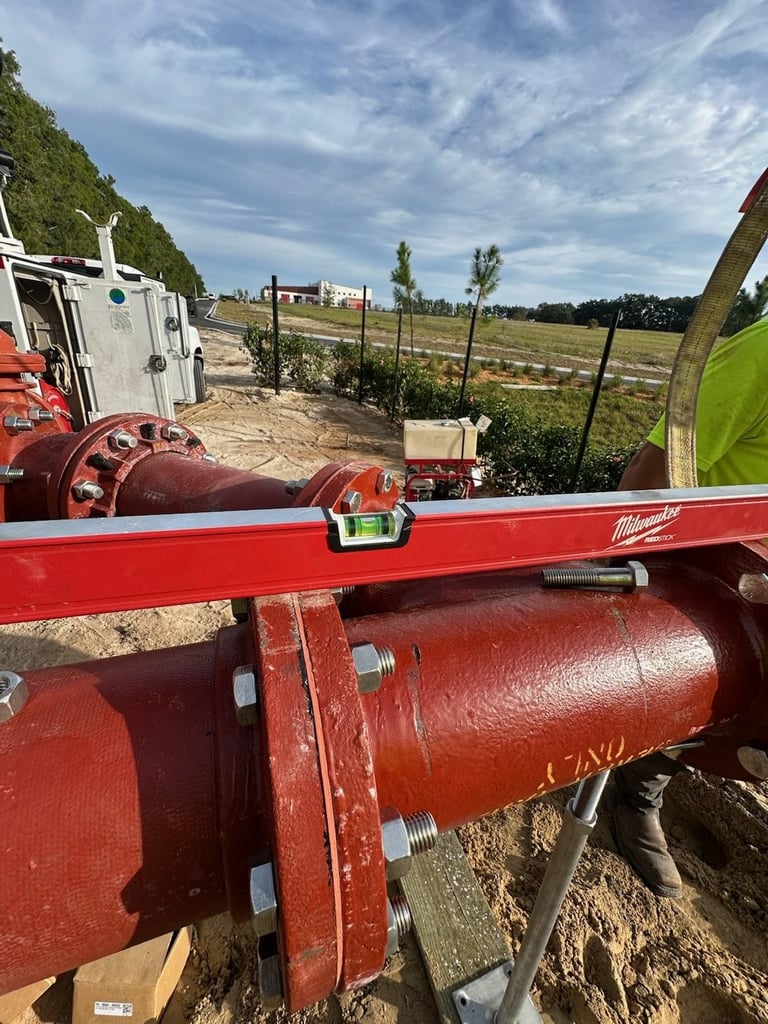 Red construction equipment with level tool on sunny day at rural construction site with fields and buildings in background
